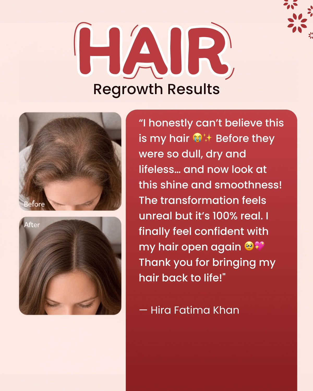 Hair regrowth before and after results showing thicker, shinier hair with customer testimonial