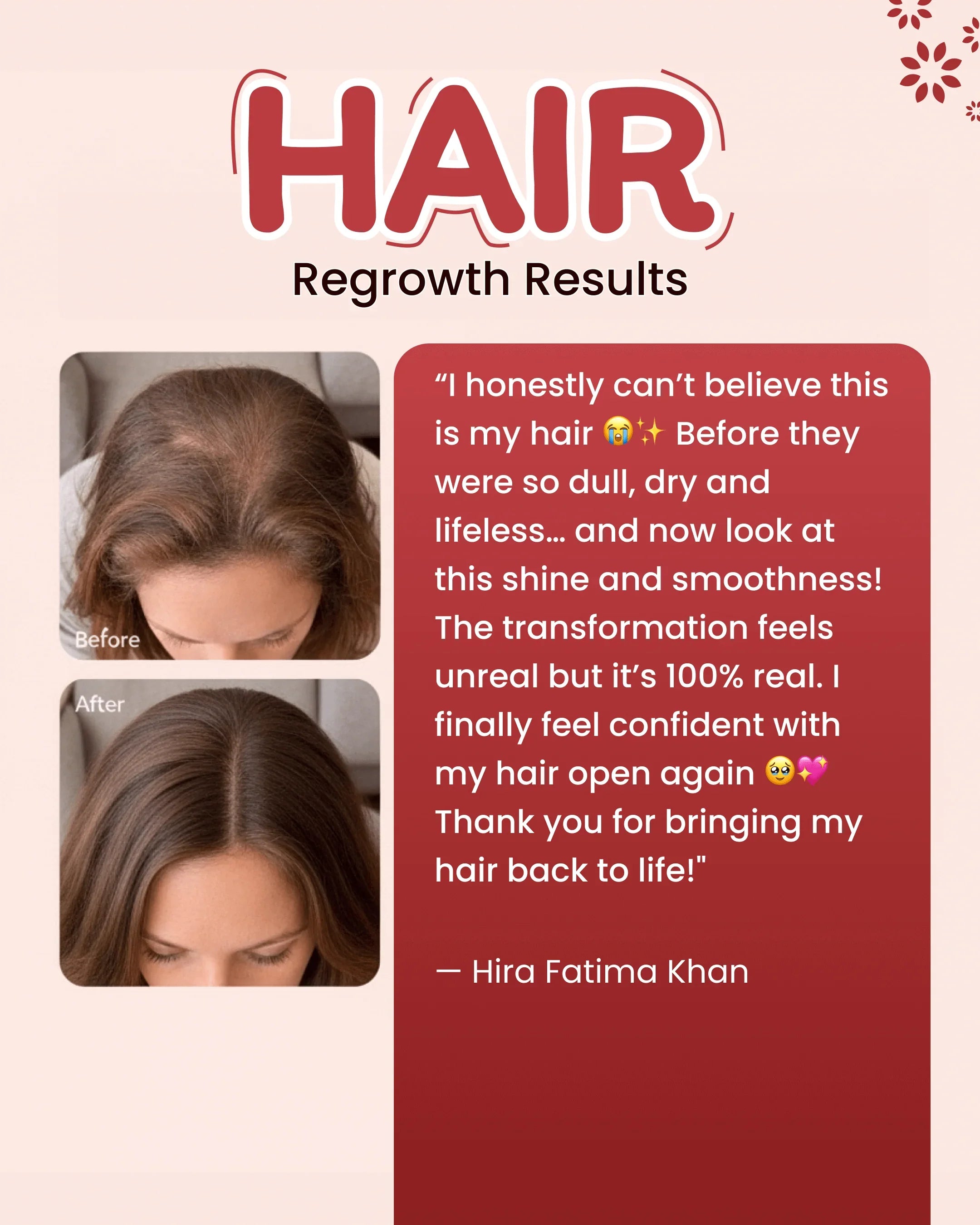 Hair regrowth before and after results showing thicker, shinier hair with customer testimonial
