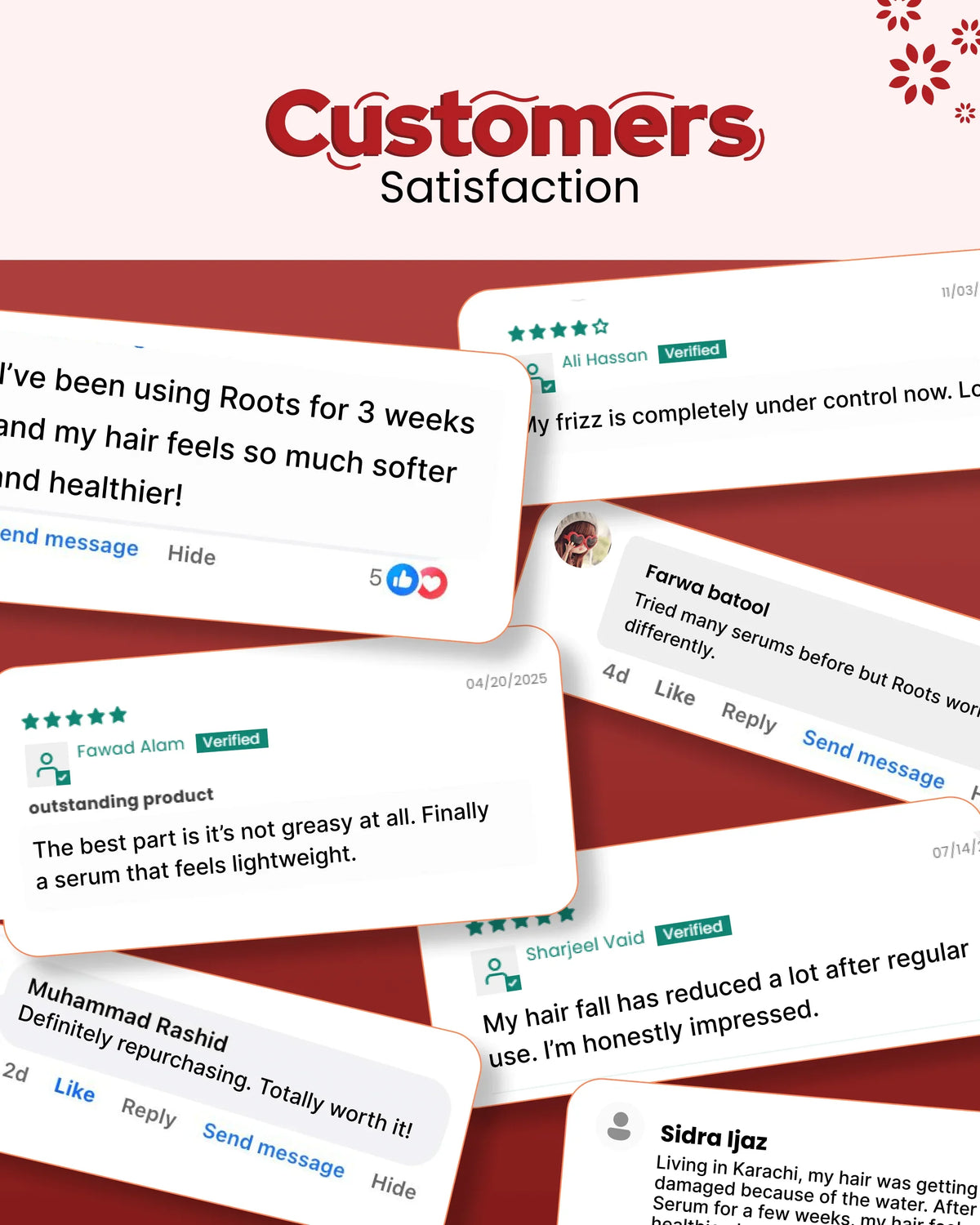 Customer reviews for Roots hair serum showing satisfaction with softer, healthier hair and reduced frizz