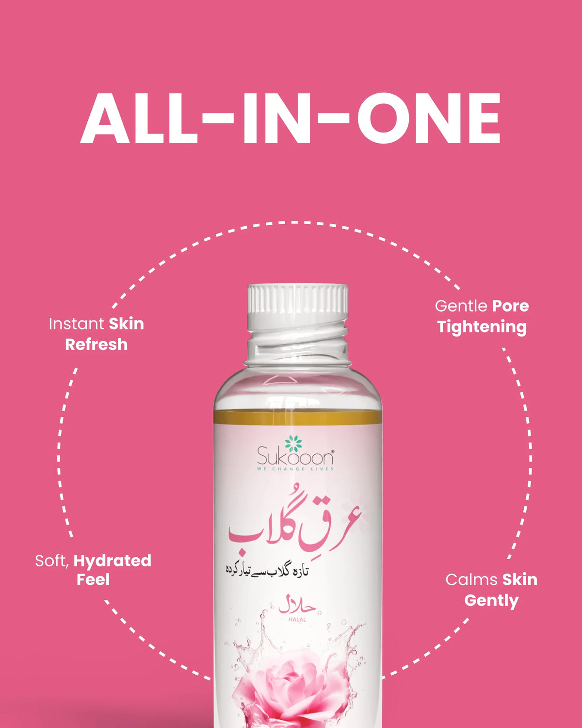 All-in-one rose water toner for instant skin refresh, pore tightening, hydration & gentle calming, Halal certified