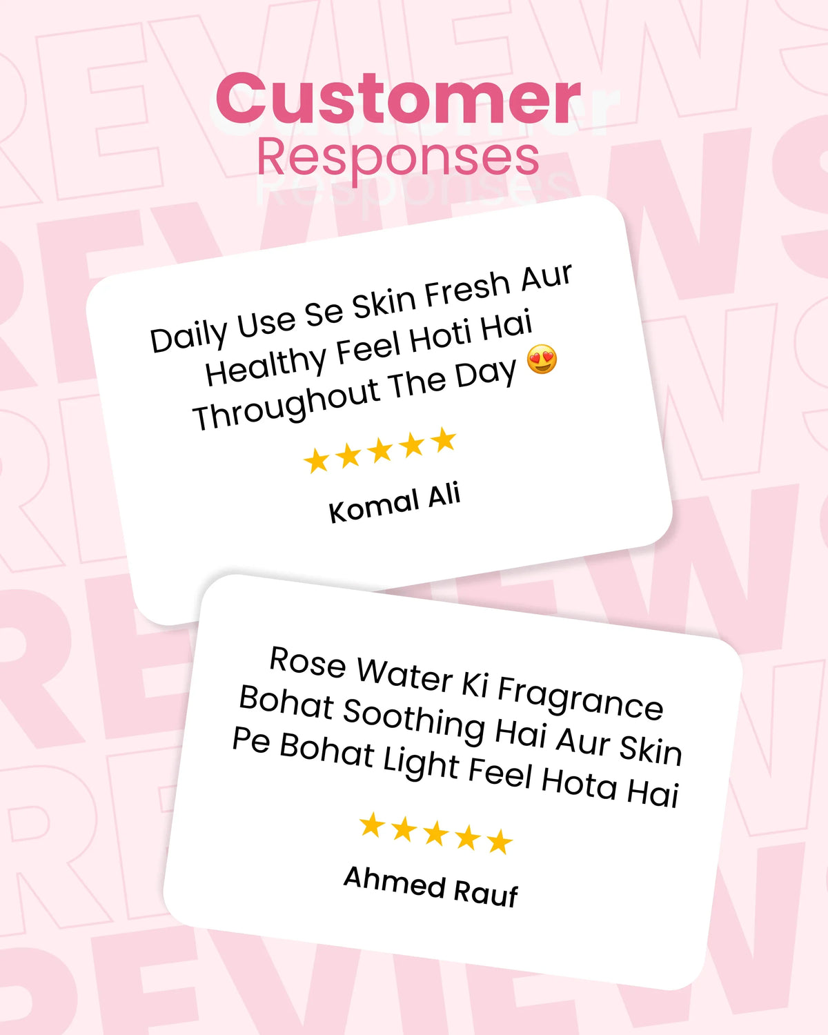Customer reviews for natural skincare products with 5-star ratings and testimonials on fresh, healthy skin feel