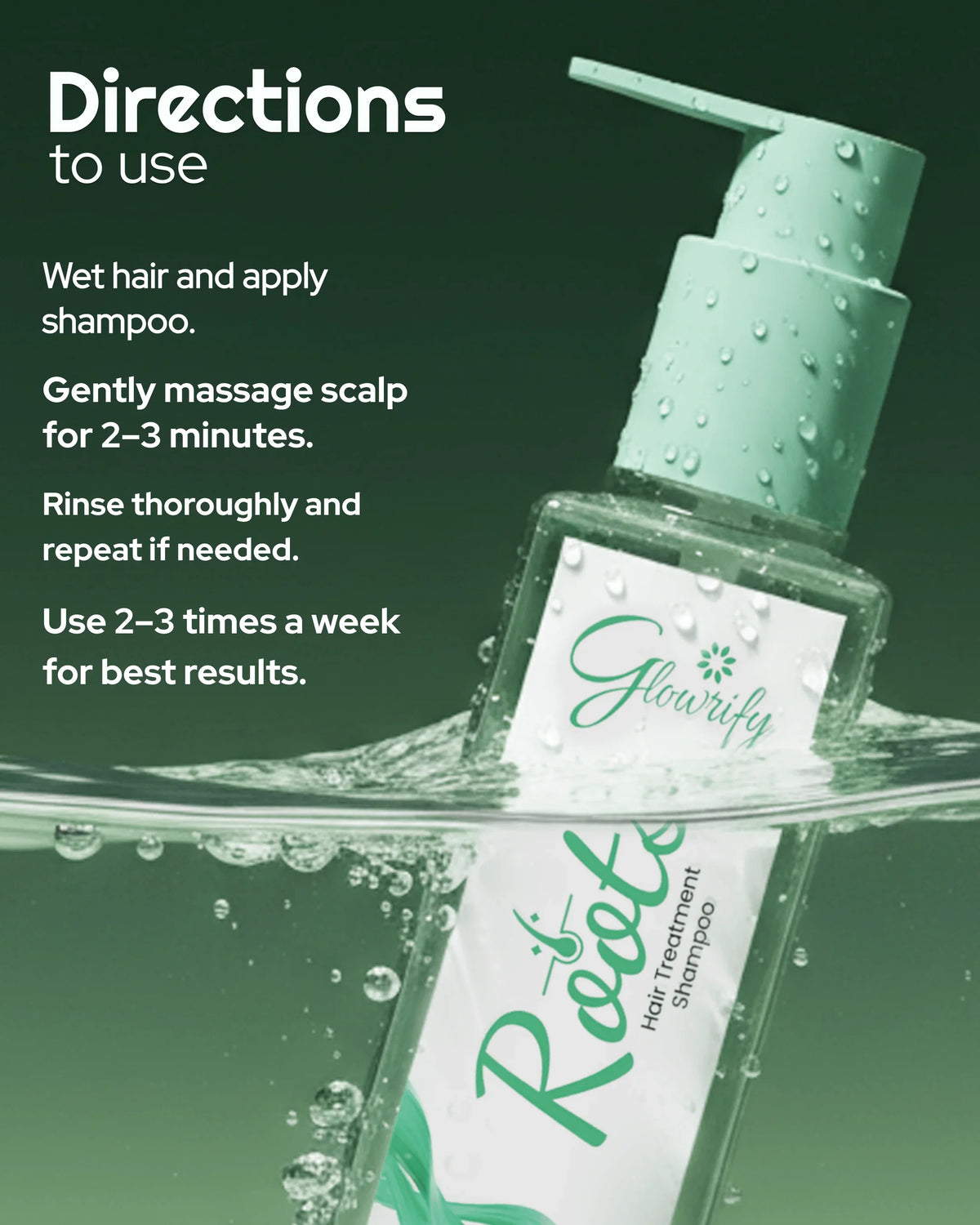 Glowrify Root Hair Treatment Shampoo with usage directions, shown in water with droplets for natural wellness.