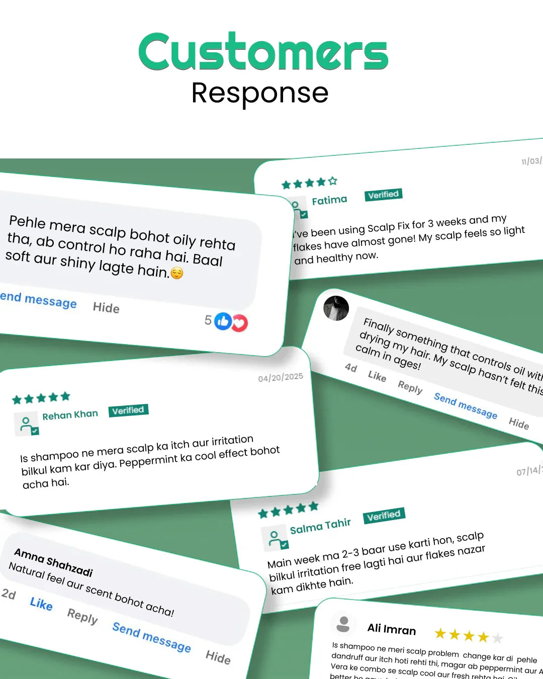 Customer reviews for natural scalp care products with verified testimonials and 5-star ratings