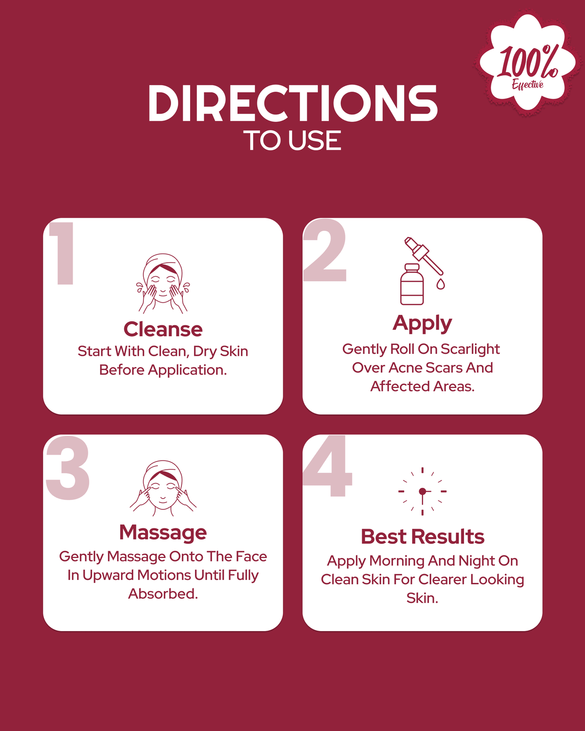 Step-by-step guide to use scar light for acne scars: cleanse, apply, massage, best results morning and night