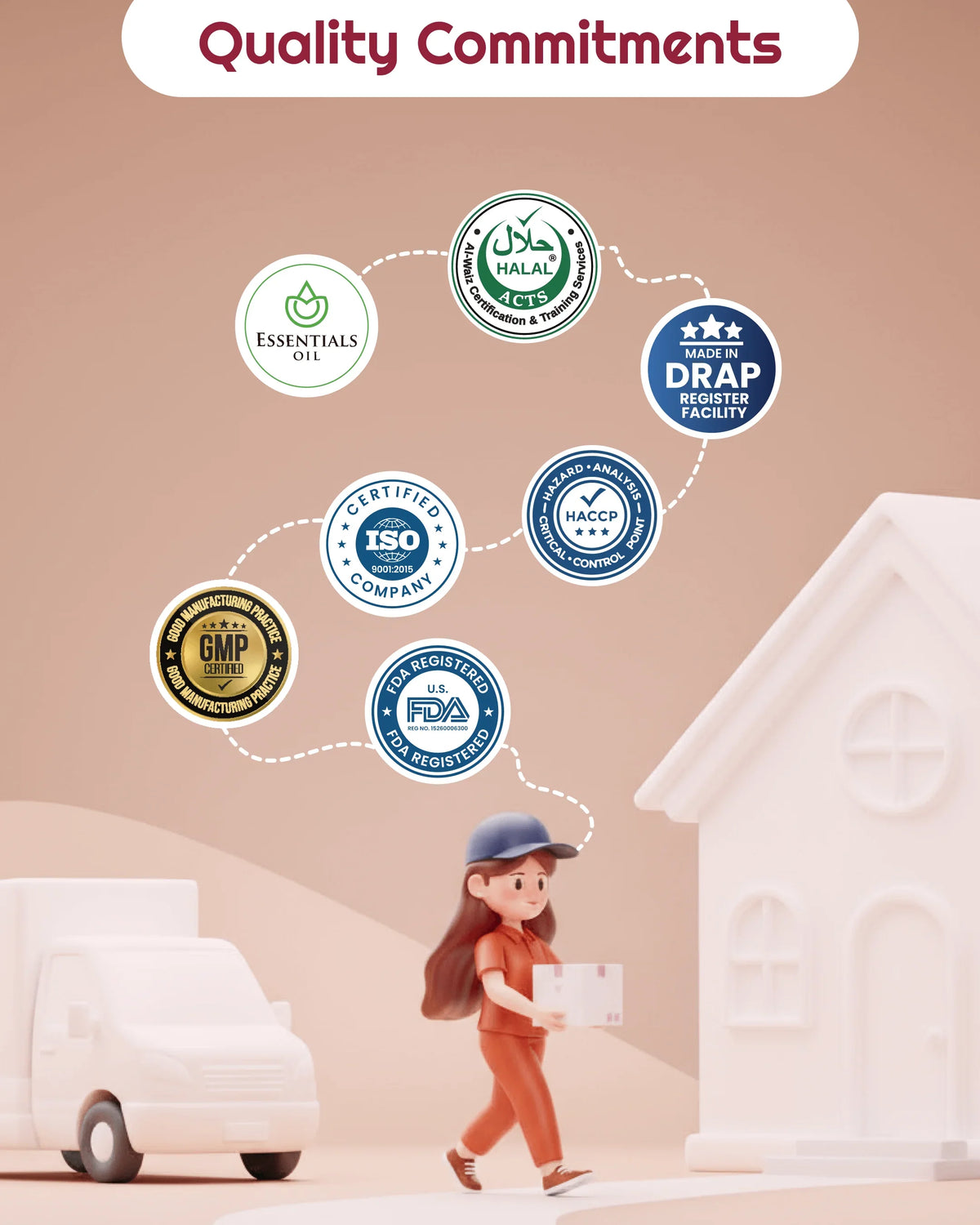 Delivery person carrying package with quality certifications: Halal, DRAP, FDA, ISO, GMP, HACCP for natural wellness products