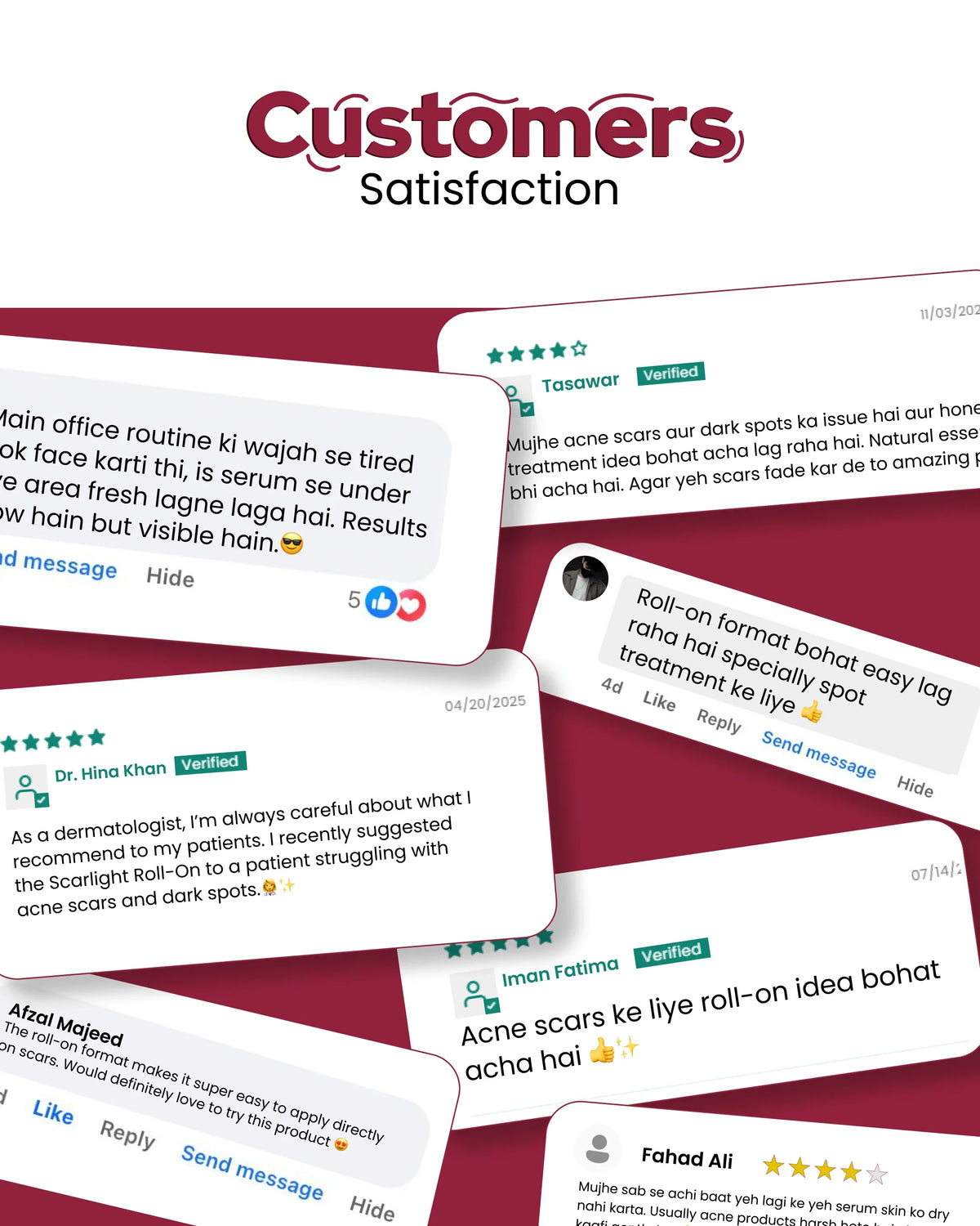 Customer reviews for natural skincare serum, roll-on treatment for acne scars & dark spots, verified testimonials