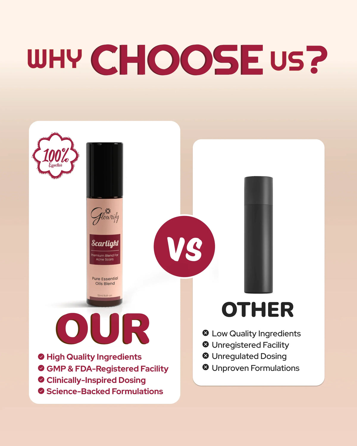 Scarlight premium essential oil blend for acne scars vs generic roll-on, highlighting high-quality, science-backed formulation