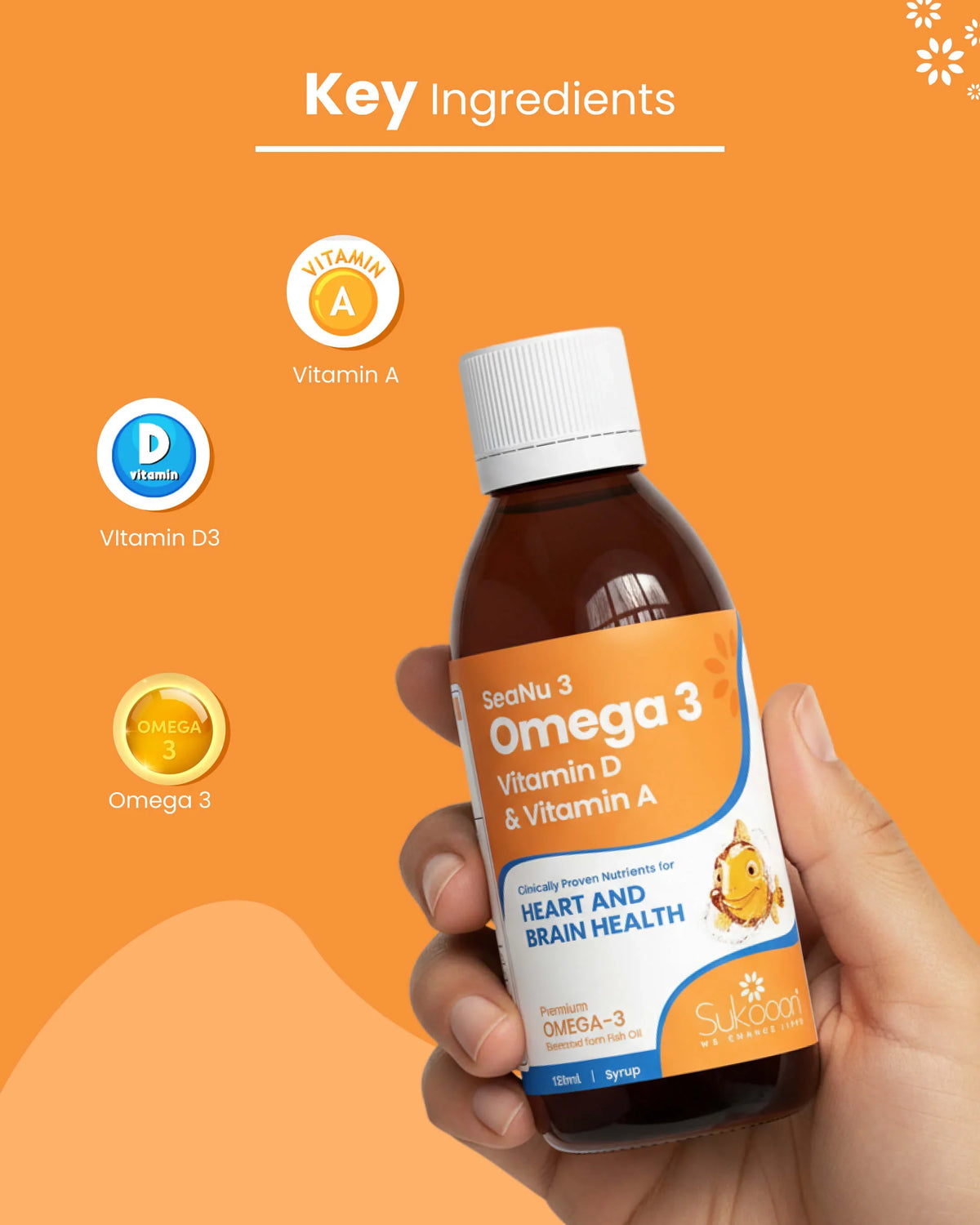 Omega 3 syrup with Vitamin D & A for heart and brain health, key ingredients shown