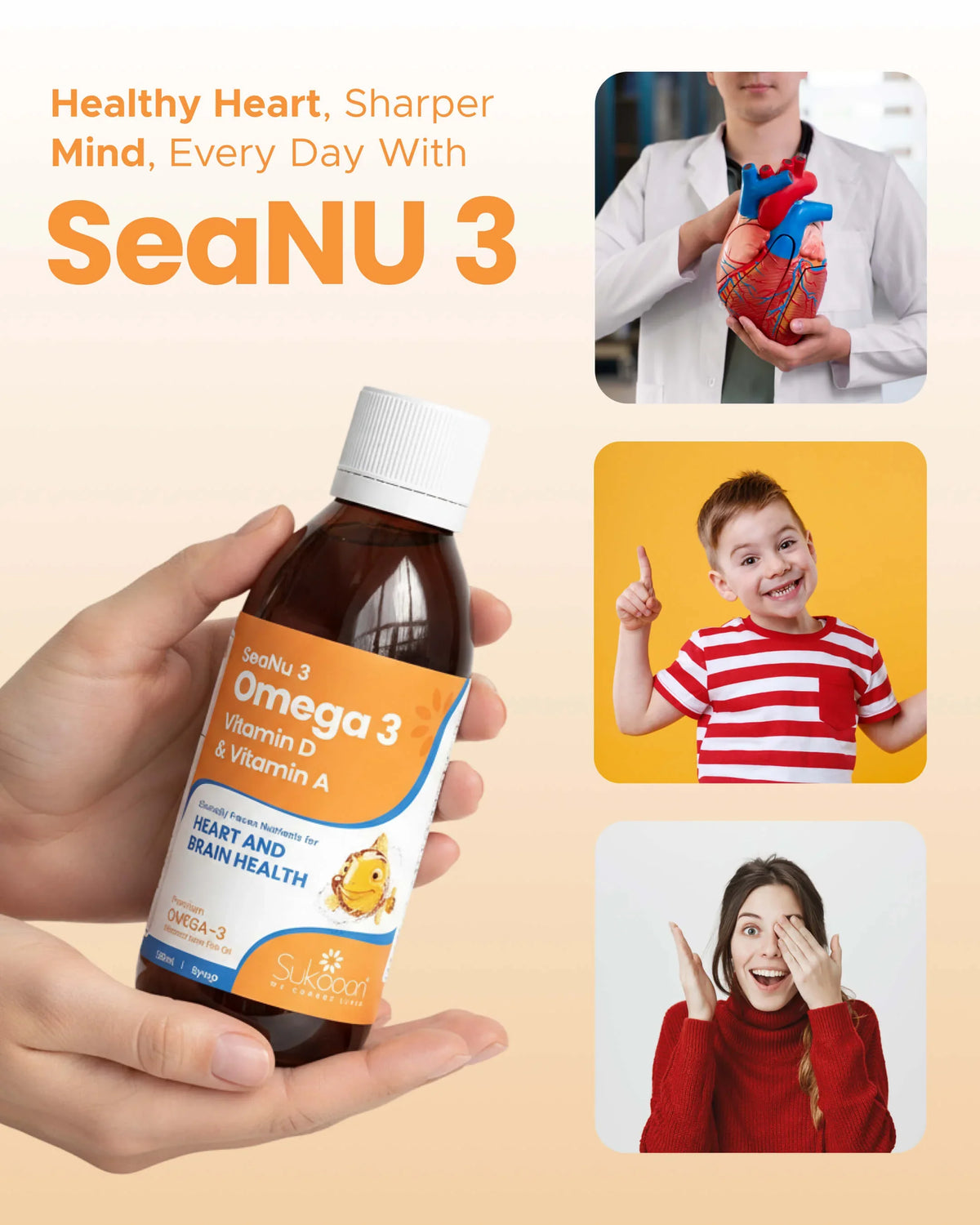 SeaNU 3 Omega 3 supplement bottle for heart and brain health with vitamin D & A, held in hand