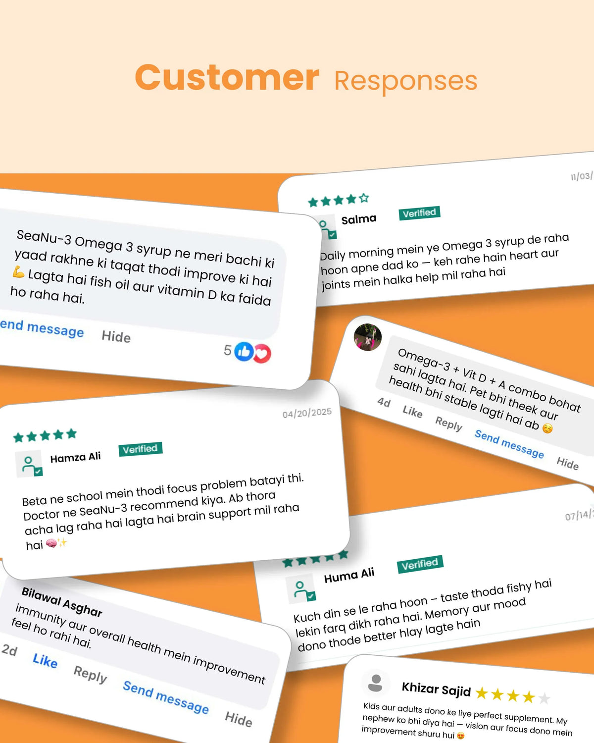 Customer reviews for Omega-3 and vitamin supplements with verified ratings and health benefits feedback