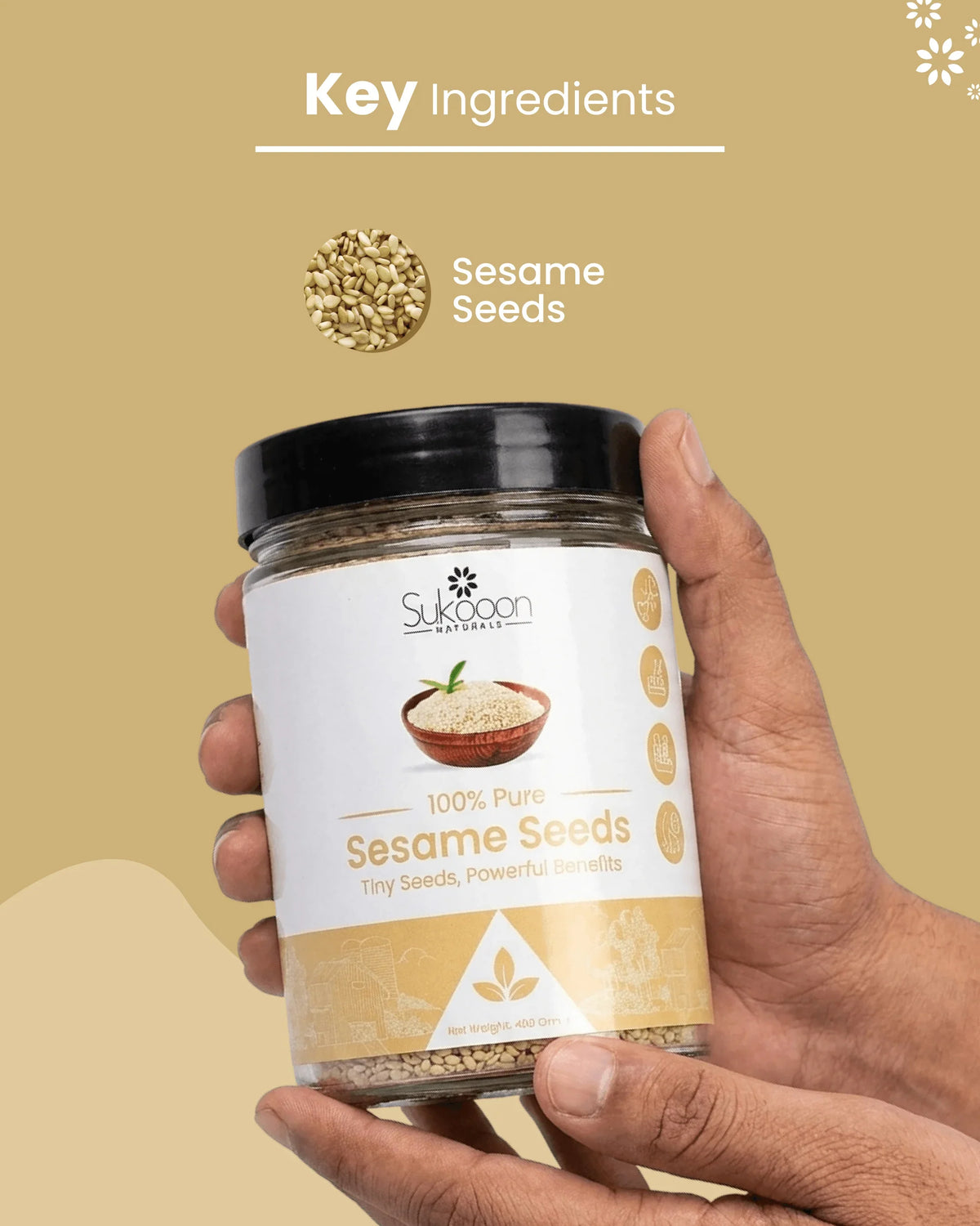 100% Pure Sesame Seeds in a jar, natural wellness product with key ingredients highlighted