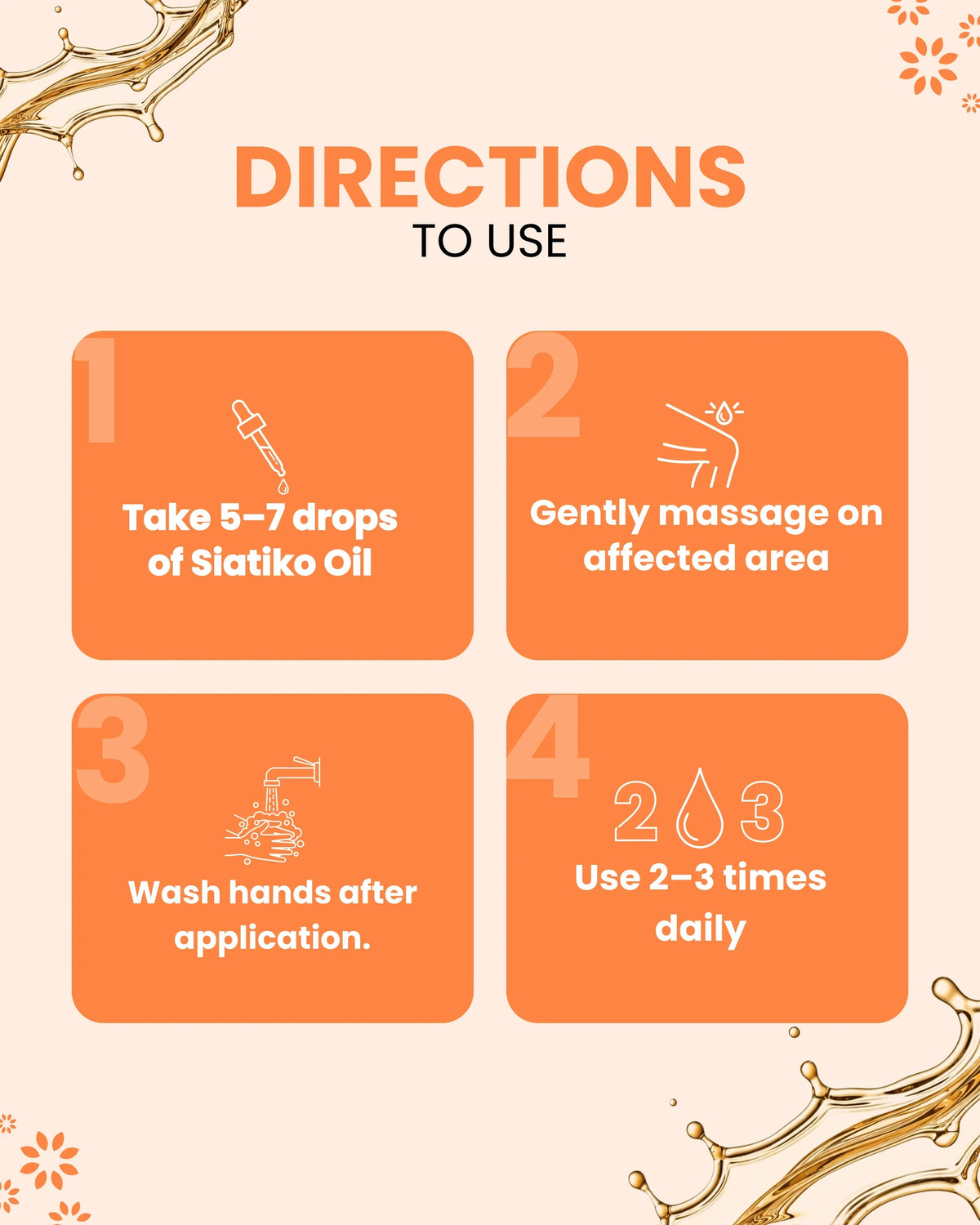 Siatiko Oil usage guide: 5-7 drops, massage affected area, wash hands, use 2-3x daily