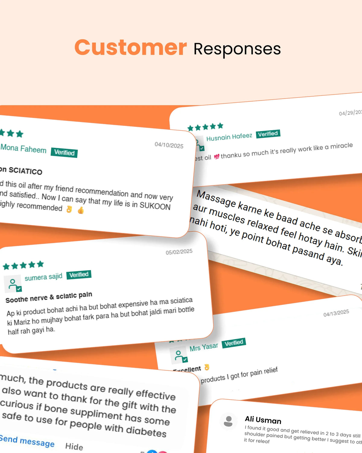 Verified customer reviews for natural wellness products, pain relief oils, and supplements with 5-star ratings