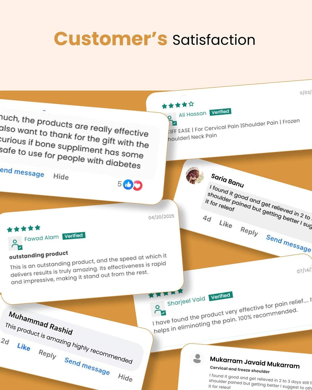 Customer satisfaction reviews for natural wellness products, pain relief, and supplements with 5-star ratings