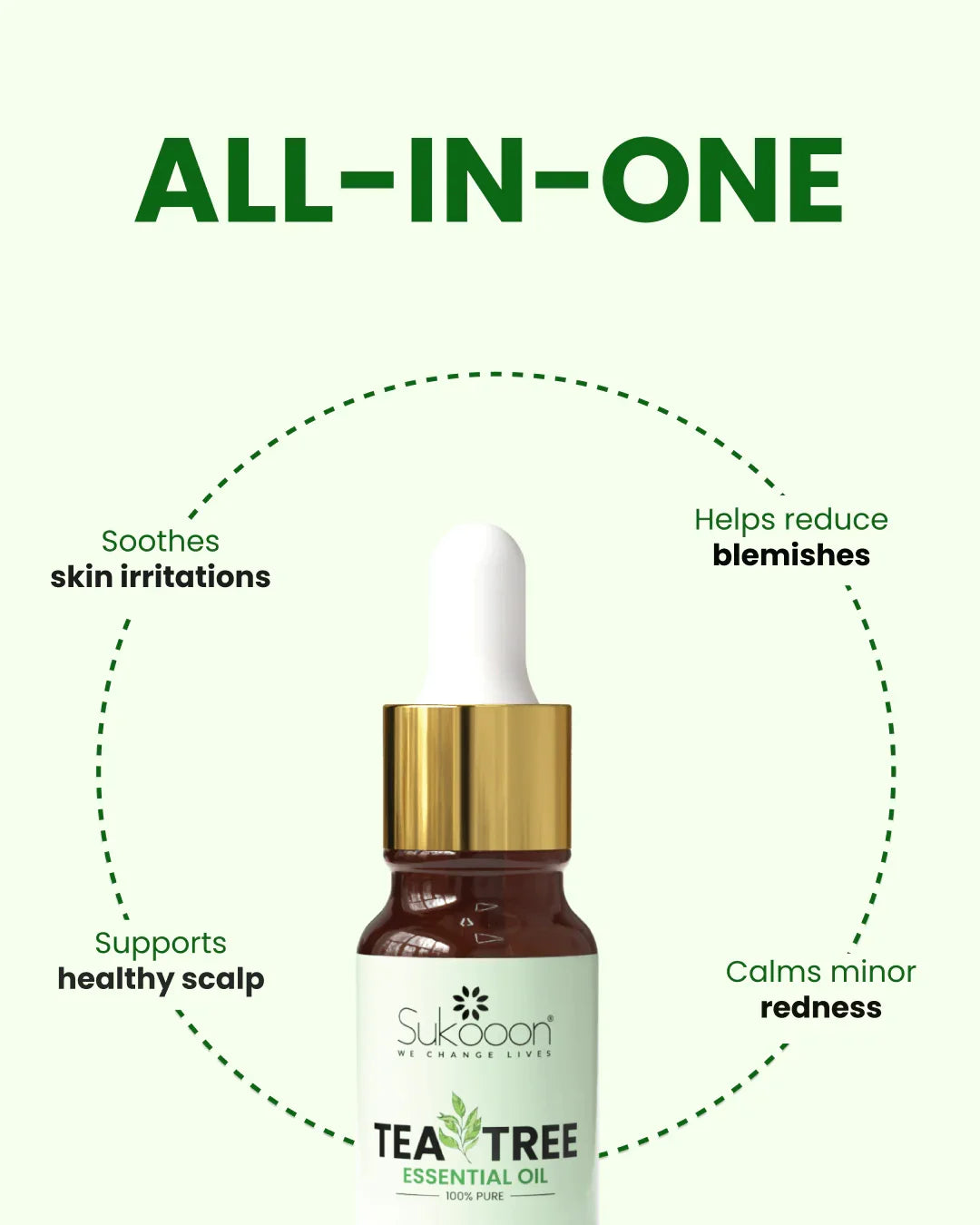 Tea Tree Essential Oil bottle with dropper, soothes skin, reduces blemishes, supports scalp health