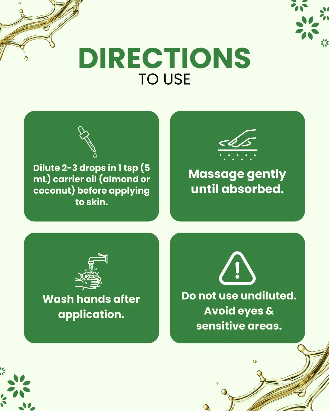 Essential oil usage guide: dilute with carrier oil, massage gently, wash hands, avoid eyes & sensitive areas