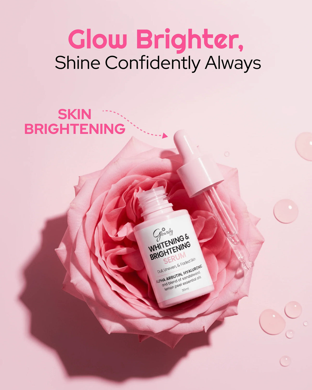 Whitening & Brightening Serum with Alpha Arbutin and Hyaluronic Acid on pink rose, for glowing skin