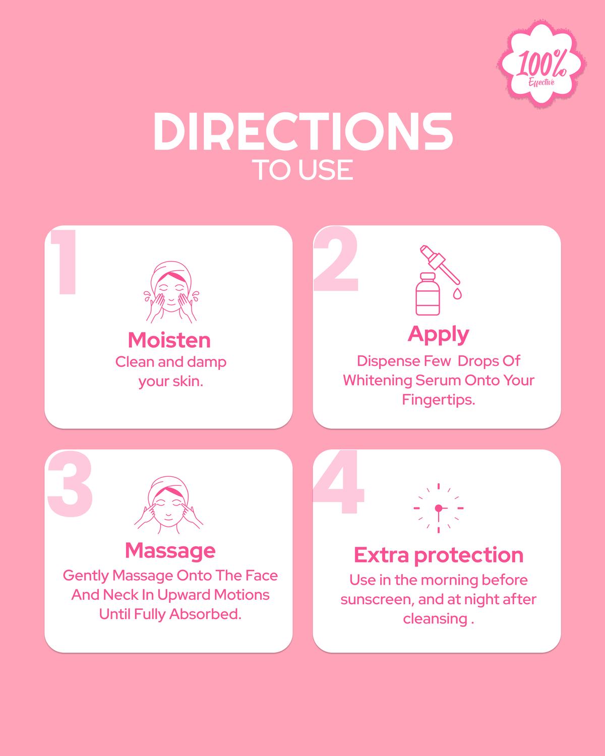 How to use whitening serum: cleanse, apply drops, massage face & neck, use morning and night for extra protection