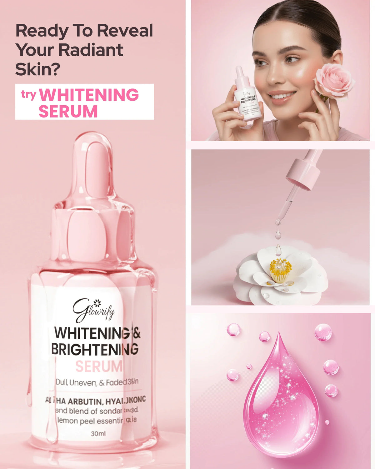 Glowrify Whitening & Brightening Serum for radiant skin, with arbutin & hyaluronic acid, 30ml bottle